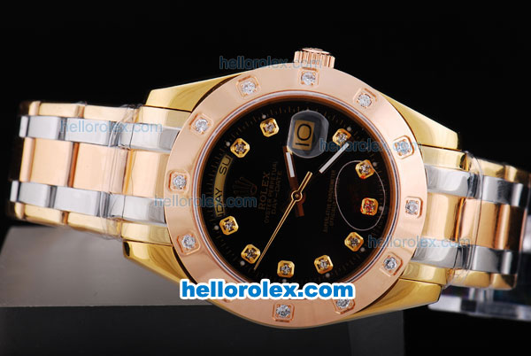 Rolex Day-Date Oyster Perpetual Date Automatic Rose Gold and Gold Case with Black Dial and Diamond Marking-Big Calendar - Click Image to Close